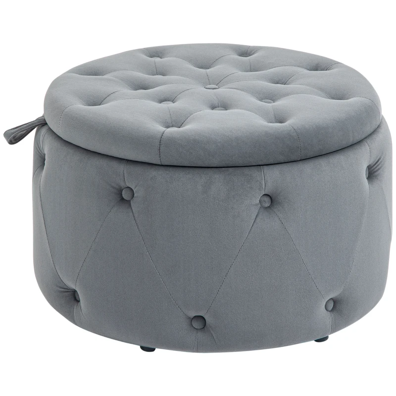 HOMCOM Puf, rotund, cu spațiu de depozitare, model matlasat cu butoane, catifea, gri, 60 x 60 x 40 cm