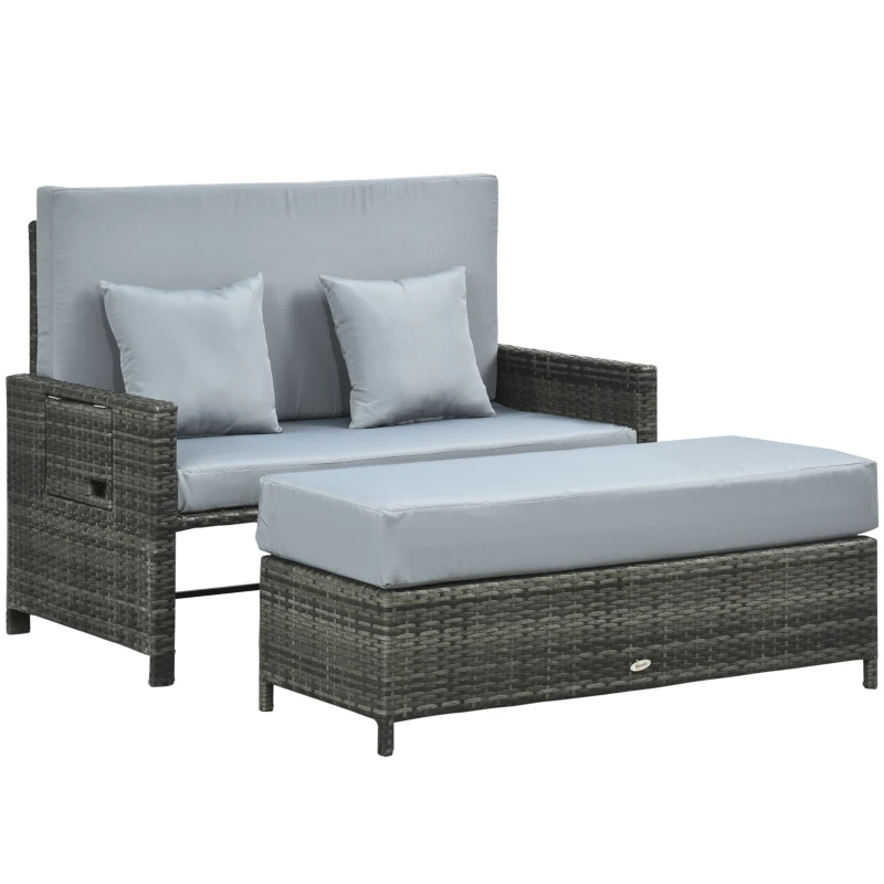 Outsunny Canapea de grădină 2 în 1 cu funcție de șezlong, taburet cu depozitare, perne, Gri, 130x72x96 cm