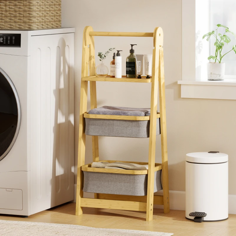 HOMCOM Estante Dobrável para Casa de Banho de Bambu com 2 Cestos para Roupa Suja Estante Aberto 44,5x32x99 cm Cinzento