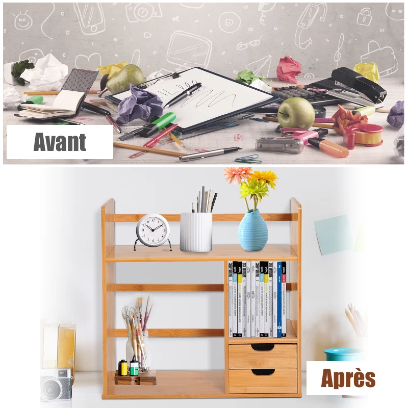 HOMCOM Raft Cărți Birou Bibliotecă Depozitare Organizator Birou Bucătărie Baie Lemn de Bambus Natural