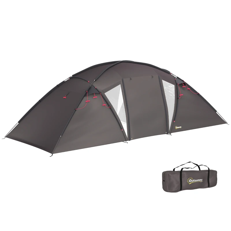 Outsunny Cort de camping familial pentru 4-6 persoane, cort tunel impermeabil 3000 mm cu 2 uși, sac de transport, negru