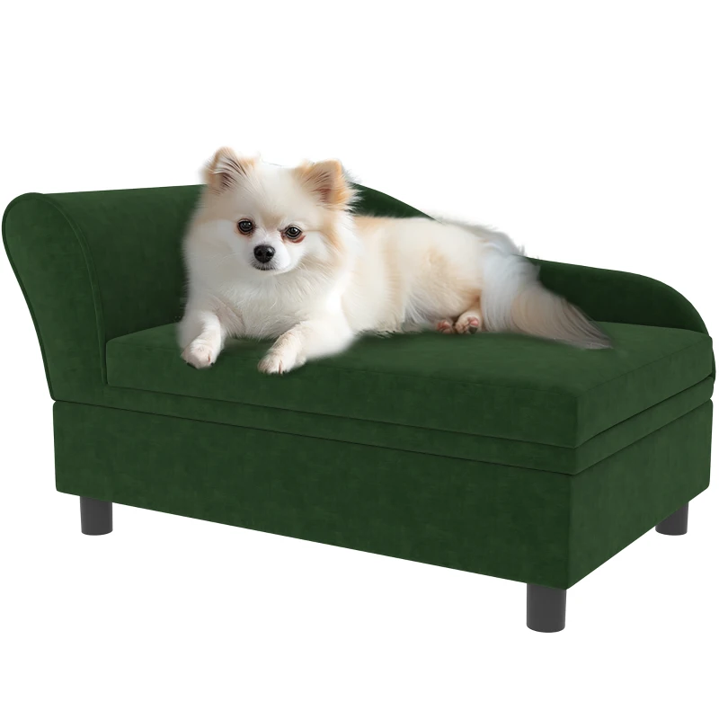 PawHut Canapea câini pisici pe picioare cu depozitare stil modern perne de șezut detașabile 76 x 45 x 43 cm verde