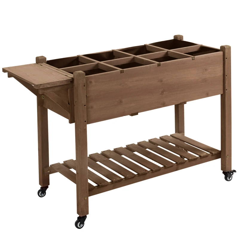 Outsunny Jardinieră pe Picior - Carré potager cu roți - raft, Tavă Rabatabilă, Inserturi de Irigare, Fâș de Drenaj Inclus - Lemn Brad pre-uleiuit