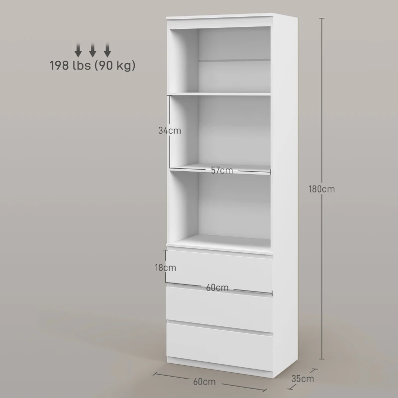 HOMCOM Bibliotecă înaltă de 180 cm cu 3 rafturi și 3 sertare 60 x 35 x 180 cm din lemn alb