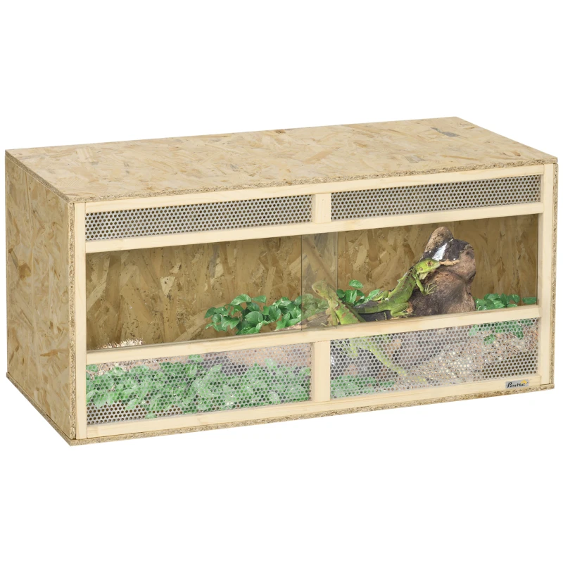 PawHut Terariu din lemn OSB pentru reptile cu ușă culisantă din sticlă - 100 x 47 x 47 cm lemn natural