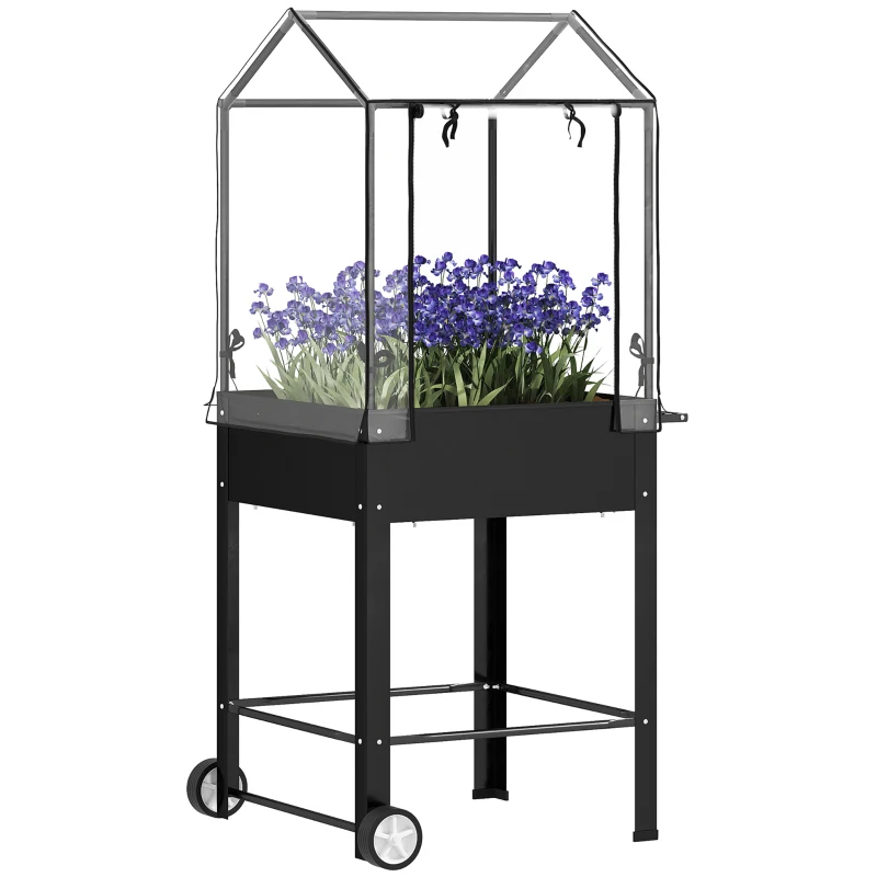 Outsunny Pătrat de grădină pe picioare cu capac din plastic, jardiniere ridicată cu roți și orificiu de drenaj 67 x 69 x 147 cm negru