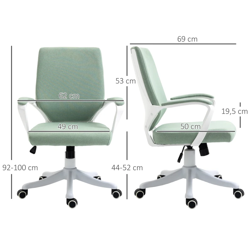 Vinsetto Scaun de birou Scaun de birou cu suport lombar ergonomic reglabil in inaltime gros captusit ergonomica roti pivotante 360° Poliester Nylon PP Verde+Alb 62x69x92-100 cm