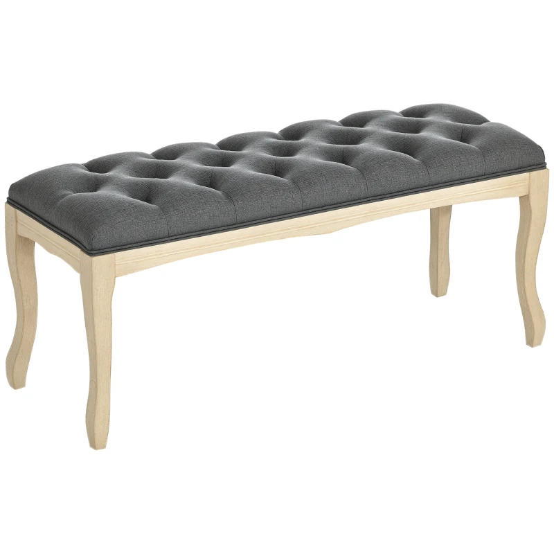 HOMCOM Bancă capitonată stil clasic 110 cm, capăt de pat tapitat cu in, picioare din lemn de hevea sculptat, Lin Gri