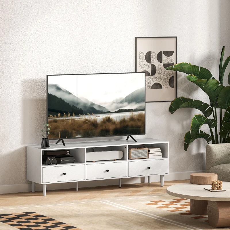 HOMCOM Mobilier TV pentru până la 75" cu 3 sertare, 3 rafturi deschise și pas-cablu, 140 x 34 x 45 cm, alb
