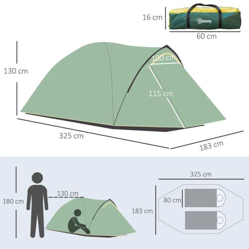 Outsunny Cort de camping 2-3 persoane cort cupolă impermeabil ușor ventilat ușor de montat 2 uși ferestre dim. 3,25L x 1,83l x 1,3H m fibră de sticlă poliester PE verde