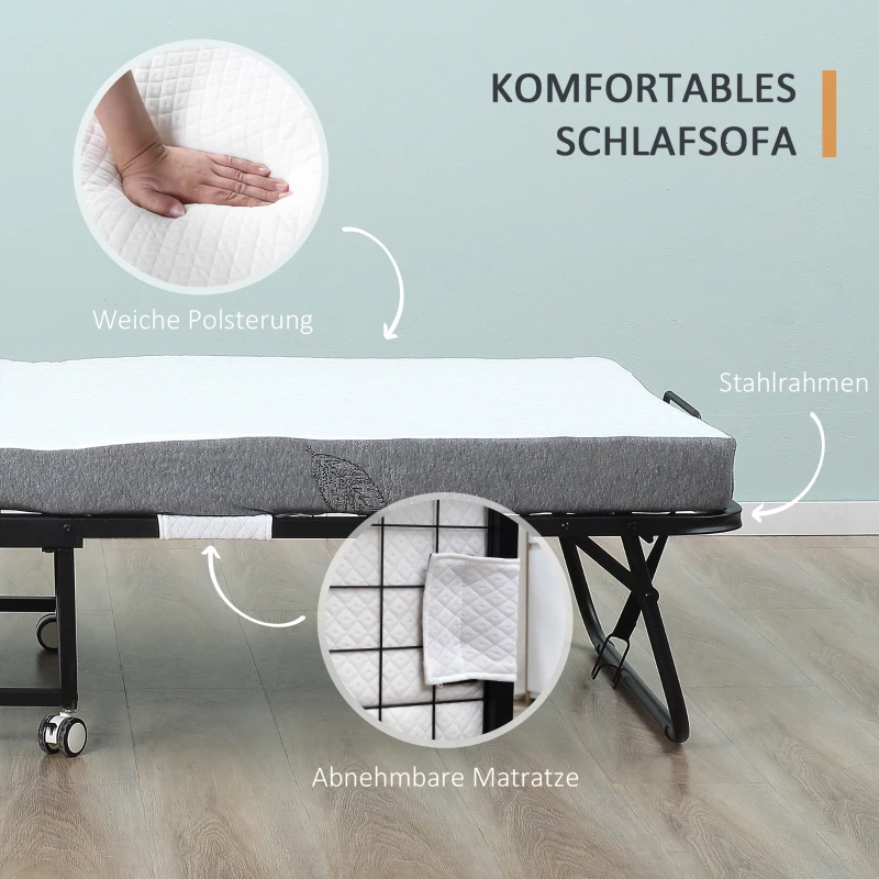 HOMCOM Gästebett, Klappbett, Reisebett mit Rollen, Matratze, Stahl, Weiß+Schwarz(m-6)