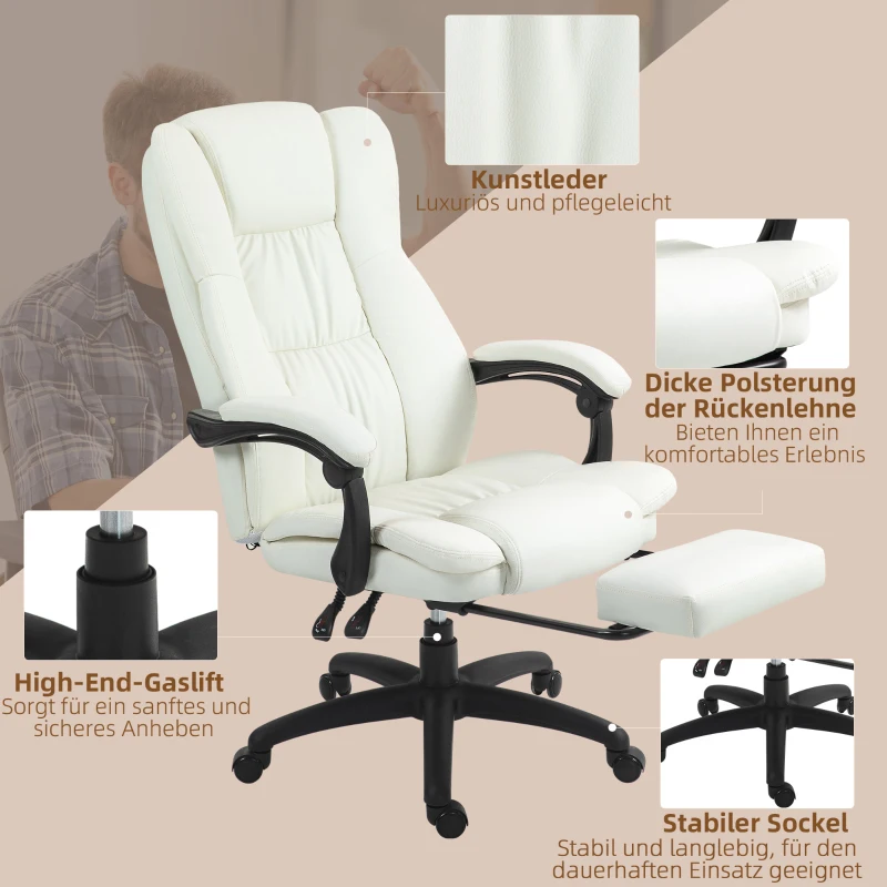 Vinsetto Scaun de birou reglabil cu suport pentru picioare, tetieră, funcție de masaj, piele ecologică, 68,5x68,5x113-121cm, Crem