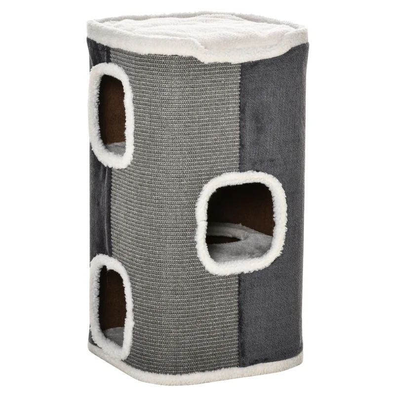 PawHut Catedrală pentru zgâriere de 74 cm înălțime cu trei nivele cu pernă, margine plușată, peșteră pentru pisici, catedrală zgârieră pentru pisici mici, Gri+ Alb