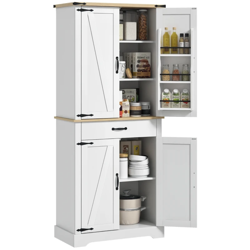 HOMCOM Credință bucătărie bufet bucătărie, 4 uși, 6 rafturi cu uși, 1 sertar și rafturi reglabile 76,5 x 40 x 181 cm alb