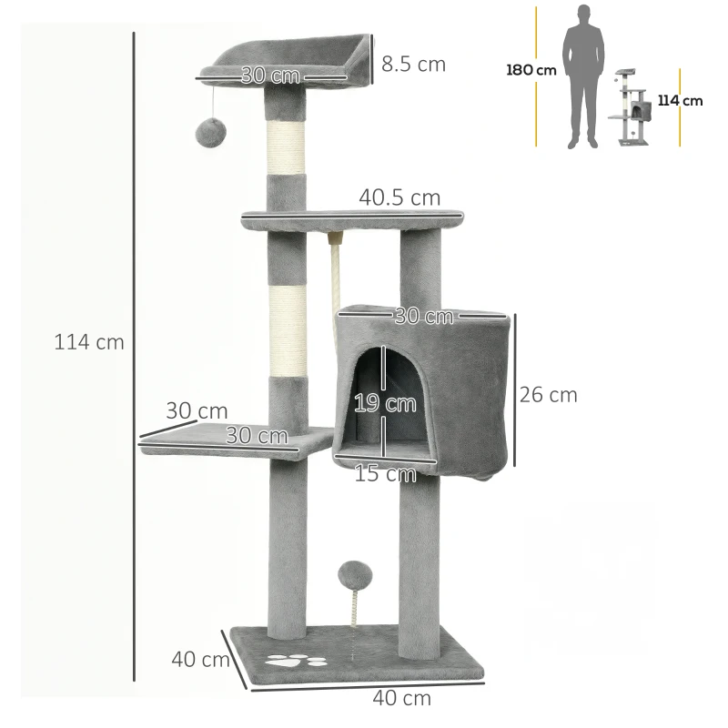 PawHut Copac de pisici multifuncțional zgârie zgâriețuri platforme adăpost sfoară jucării 40 x 40 x 114 cm gri