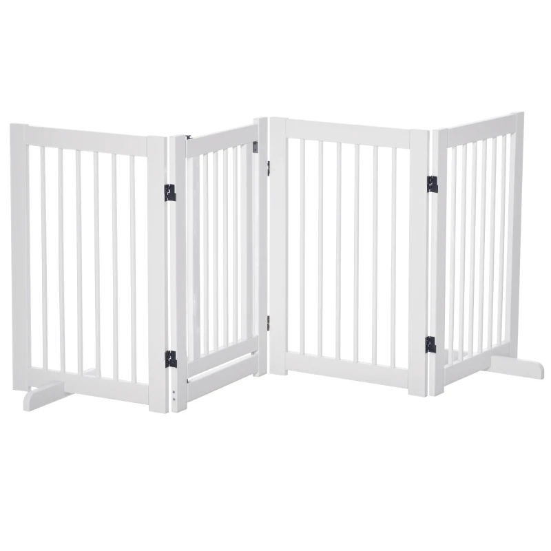 Grilă pentru câini PawHut cu picioare de susținere 204 x 75 cm din lemn, Grilă de protecție pentru câini cu uși pentru scări, uși, bucătărie, hol, 4 panouri, Alb