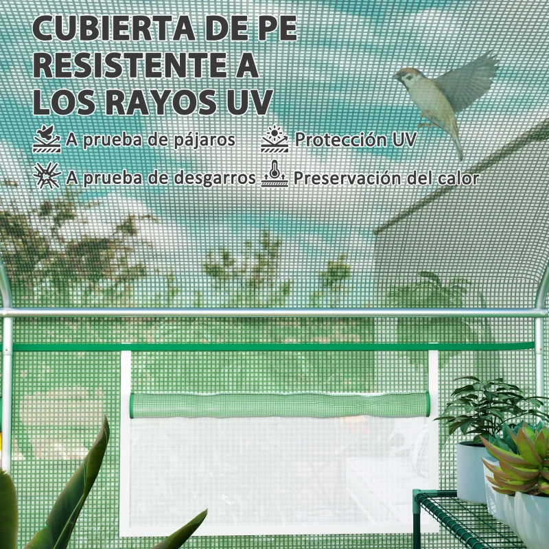 Outsunny Invernadero de Túnel 4x3x2 m con 6 Ventanas 3 Puertas Enrollables Cubierta de PE y Estructura de Acero Galvanizado Verde