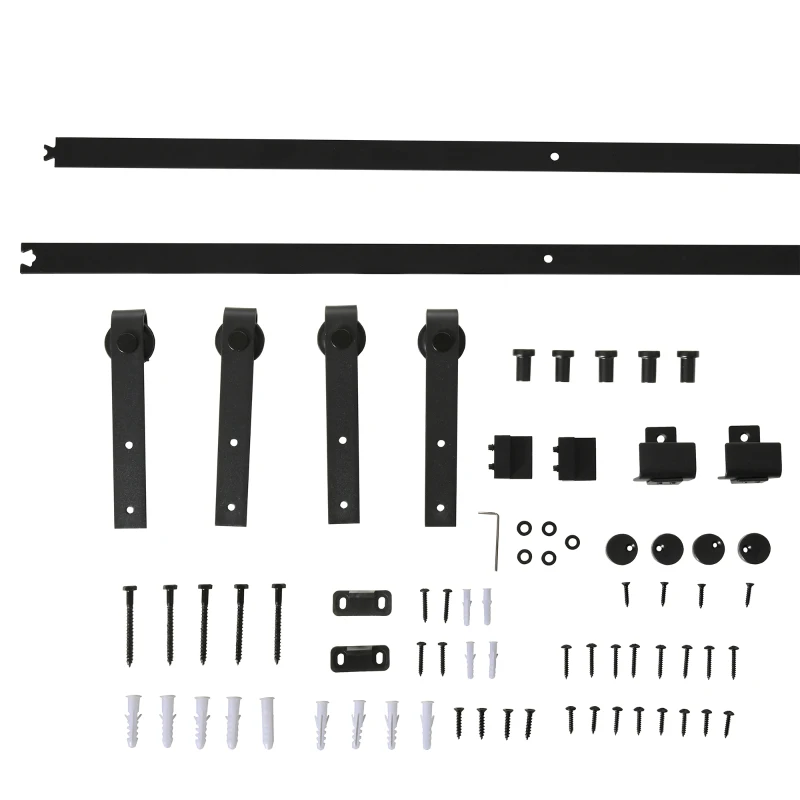 HOMCOM Set complet pentru ușă glisantă de 183 cm cu sistem de ghidaj pentru podea, șină de alunecare pentru ușă, role de alergare pentru sistem de ușă culisantă din lemn unic