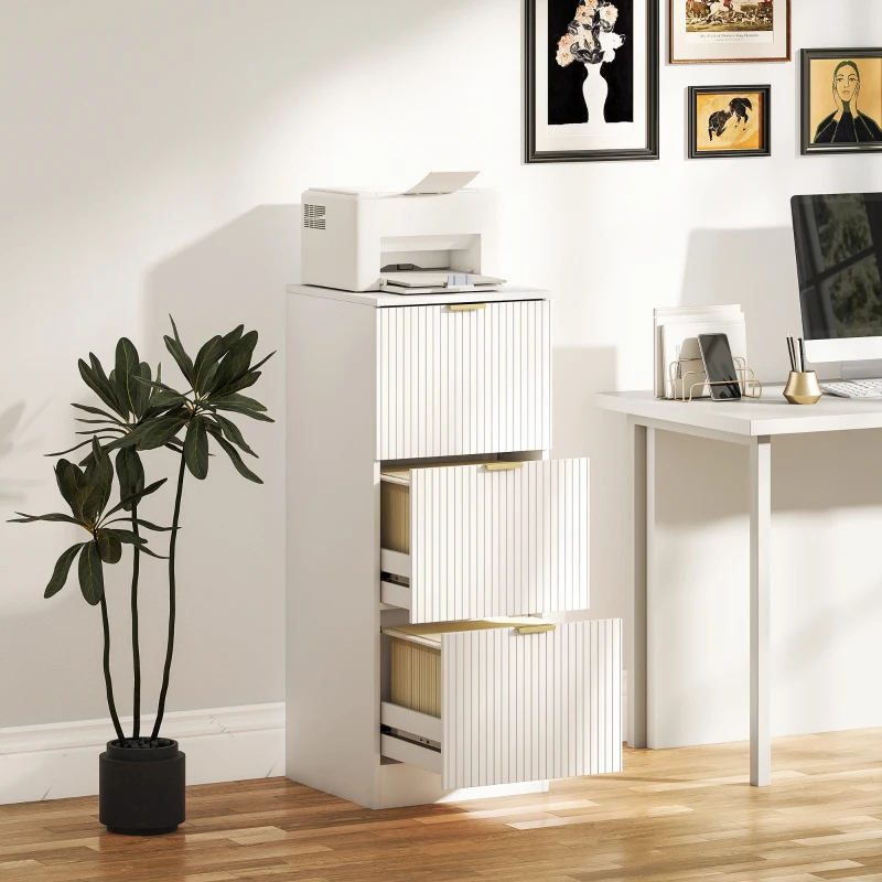 HOMCOM Dulap de Escritoriu cu 3 Sertare Fronturi Canelate Mueble Archivador pentru Dimensiune A4 sau Scrisoare 40x40x101 cm Alb