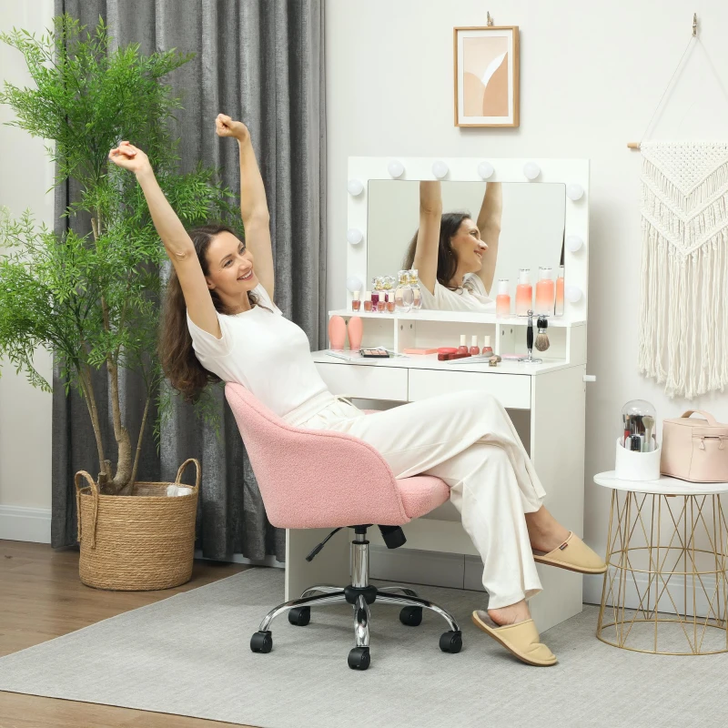 HOMCOM Scaun de birou, fotoliu de birou ergonomic, înălțime reglabilă, cu scaun și spătar umplute, roz