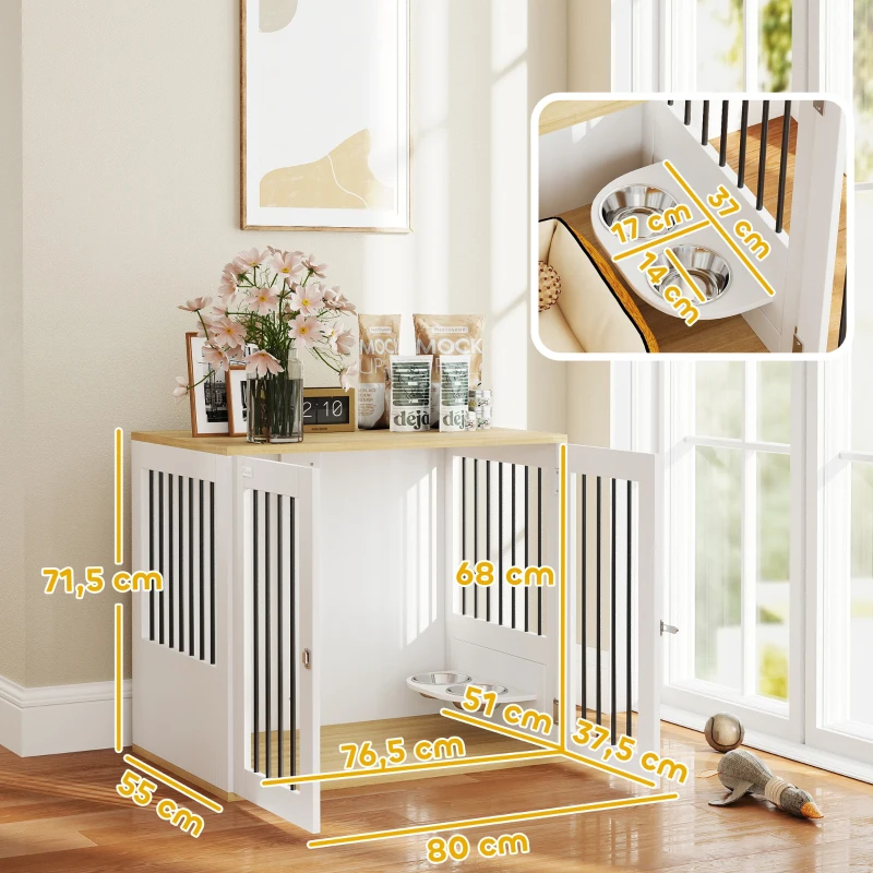 PawHut Cușcă pentru câini, masă de cafea, boluri mobile rotative la 360°, 2 uși pentru câine de talie medie 80x55x71,5 cm alb