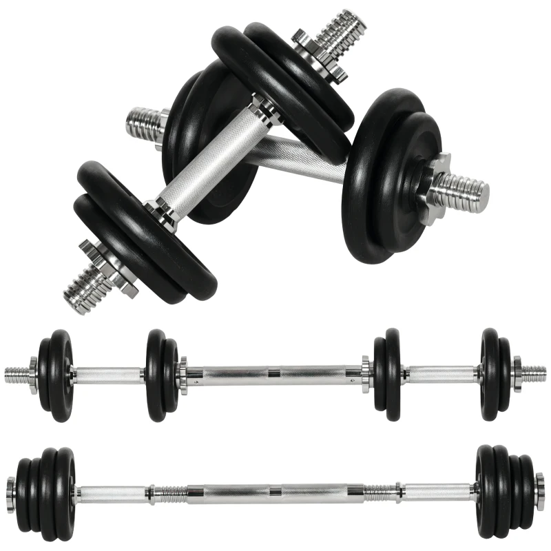 Gantere HOMCOM, ganteră lungă, 2 în 1, 20 kg, 8 discuri de gantere, rezistent la rugină, oțel, negru, 95 x 16 x 16 cm