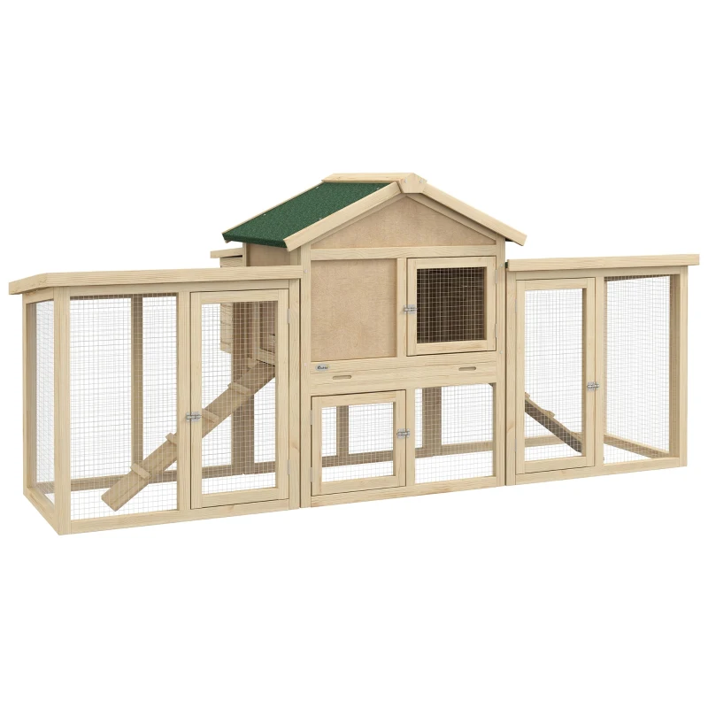 PawHut Cotet pentru păsări, cu model de cabană, cu rampă, cuiburi, tavă, din lemn masiv 204 x 85 x 93 cm, lemn natural.
