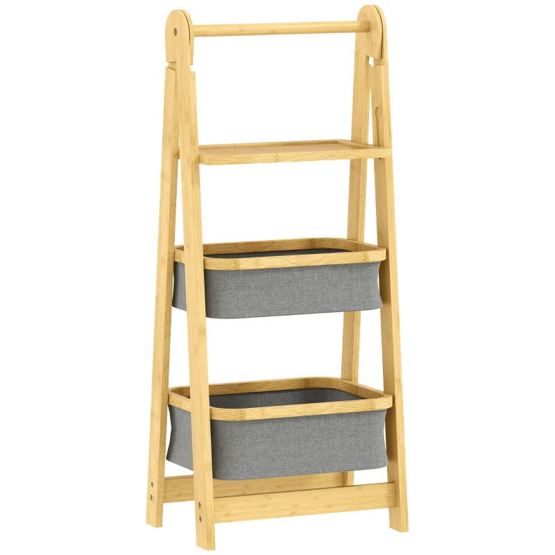 HOMCOM Estante Dobrável para Casa de Banho de Bambu com 2 Cestos para Roupa Suja Estante Aberto 44,5x32x99 cm Cinzento