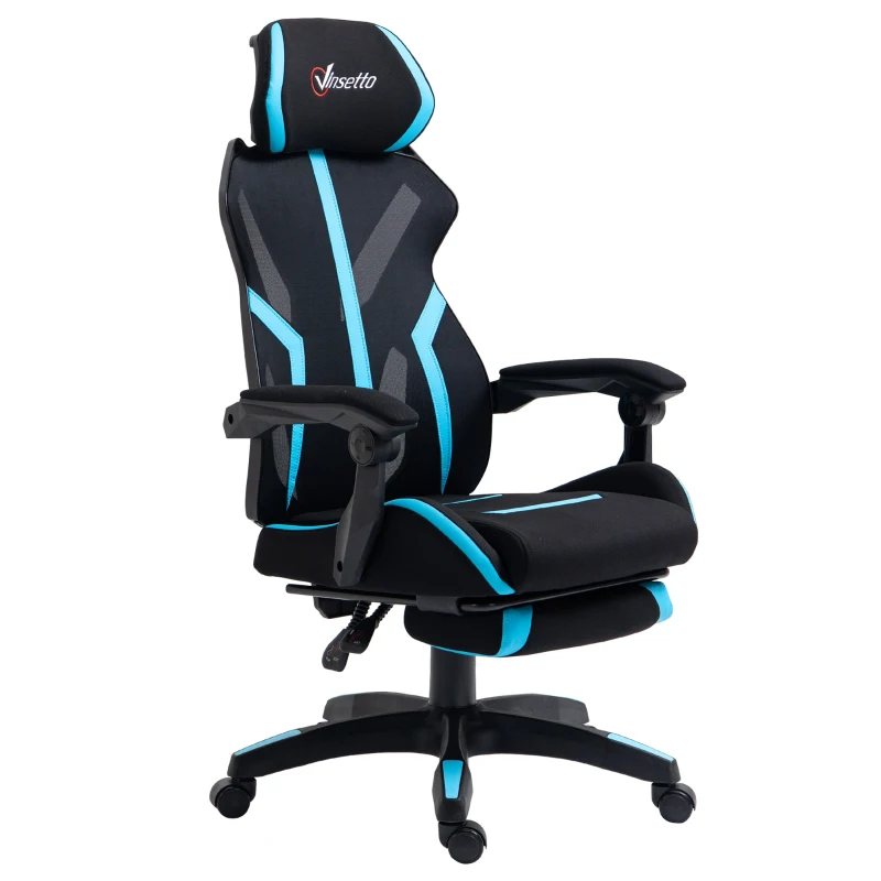 Vinsetto Scaun Gaming cu Suport pentru Picior Retractabil Scaun de Birou Rotativ Inclinabil cu Suport de Cap și Înălțime Reglabilă 65x65x119-129 cm Negru și Albastru