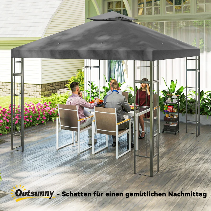 Outsunny Pavilion de grădină 3x3 m, Design cu acoperiș în două trepte, Protecție UV30+, Rezistent la UV, Protecție solară, Cadru metalic, Gri închis