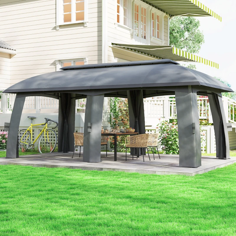 Outsunny Pavilion, Cort de petreceri, cu plase anti-insecte, plafon rezistent la vânt, pentru până la 15 persoane, gri închis, 3 x 6 x 3 m