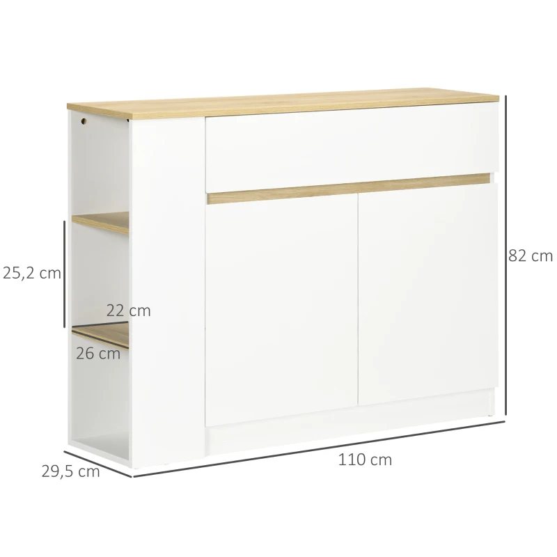 HOMCOM Bufet mobilier depozitare cu 2 sertare 3 rafturi deschise și dulap 2 uși 110 x 29,5 x 82 cm alb