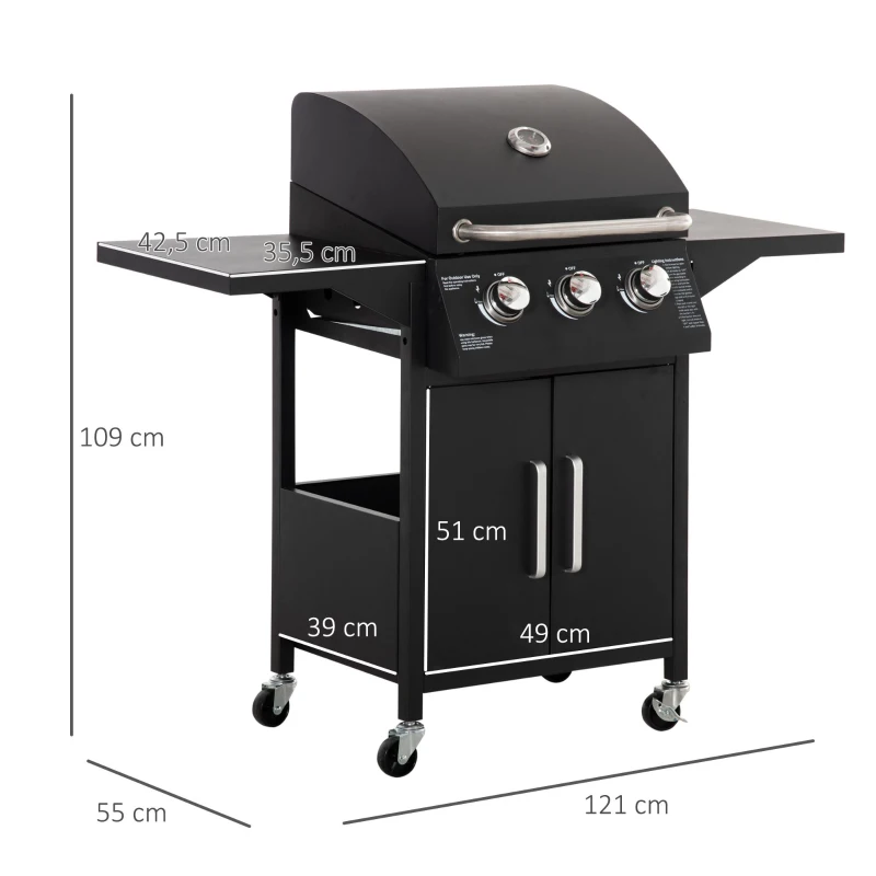 Outsunny Gril cu gaz, Gril BBQ cu 3 arzătoare fiecare cu 2,9 kw, 4 roți, Negru