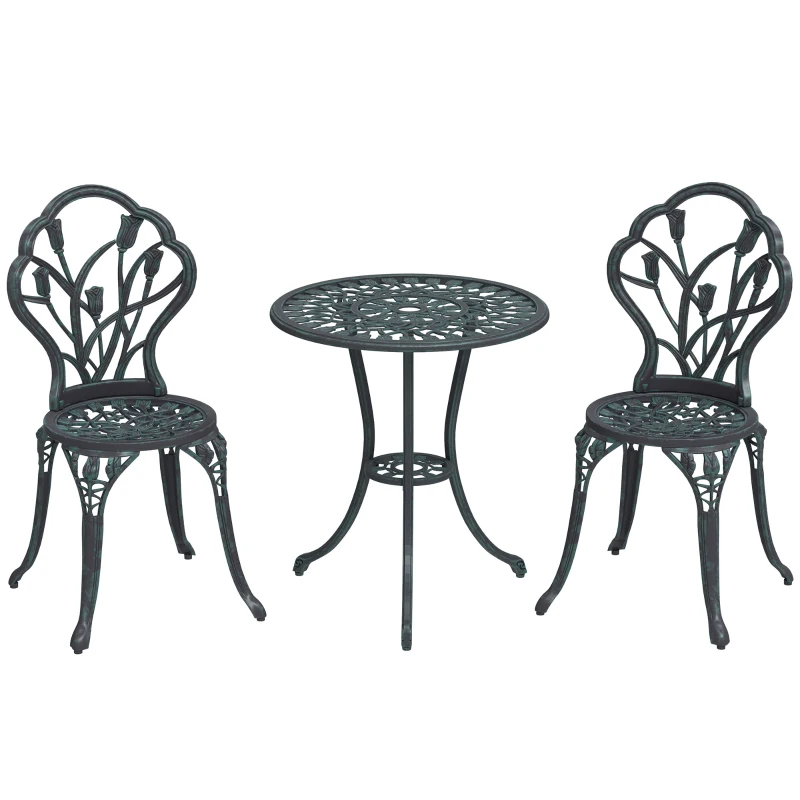 Outsunny Set Mobilier de Grădină 2 Locuri 2 Scaune + Masă Rotundă Fontă de Aluminiu Imitație Fier Forjat Verde