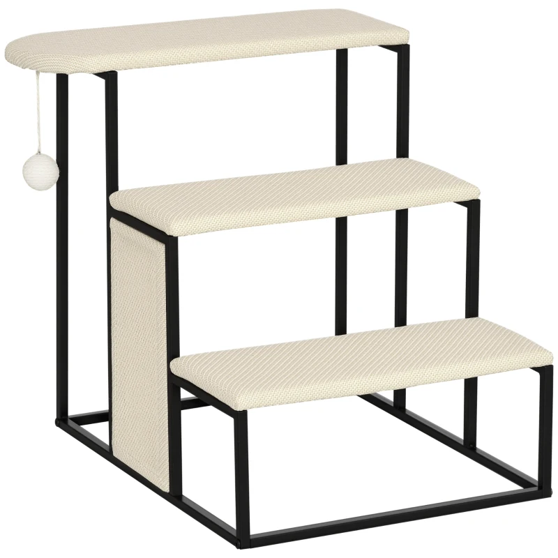 PawHut Scară pentru pisici, cu panou de zgâriere, 3 trepte, minge de joc, robustă, oțel+Sisal, crem+negru, 51 x 54 x 53cm