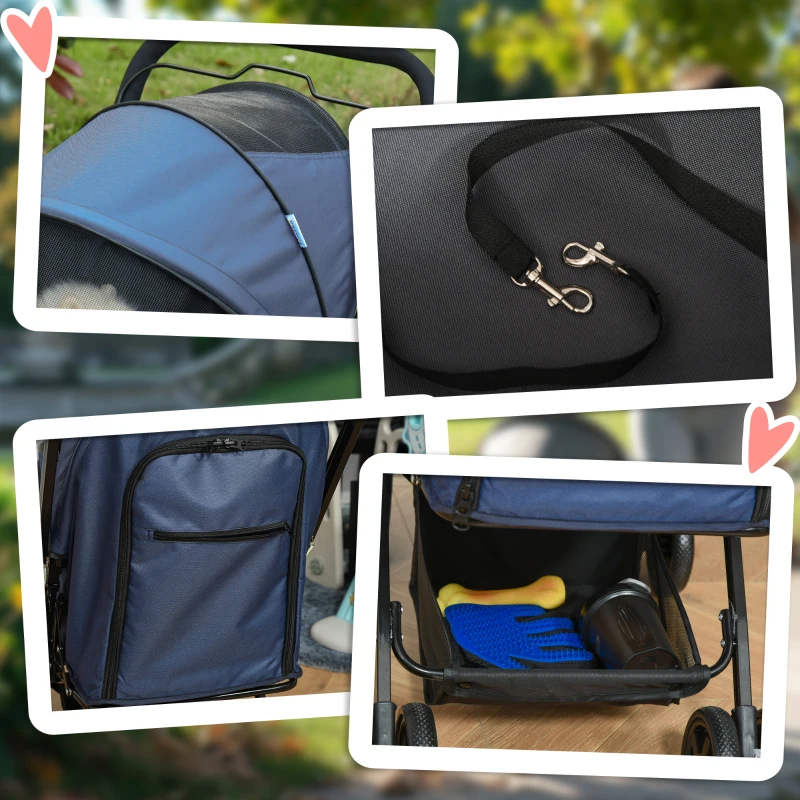 Cărucior pentru câini pliabil PawHut, 1 coș, 2 frâne, incl. les de siguranță, Albastru