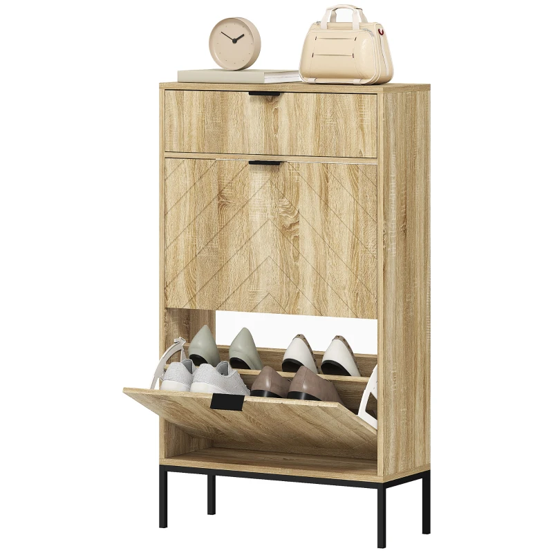 HOMCOM Mobilier de pantofi 8 perechi cu sertar glisant, 2 sertare rabatabile, rafturi reglabile, 60x24x105,5cm, stejar