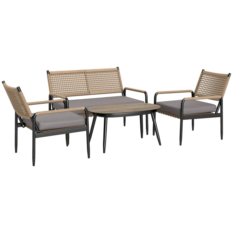 Outsunny Set mobilier grădină ratan, canapea dublă, fotoliu, masă cu geam, perne, 4 persoane, Gri închis, Galben
