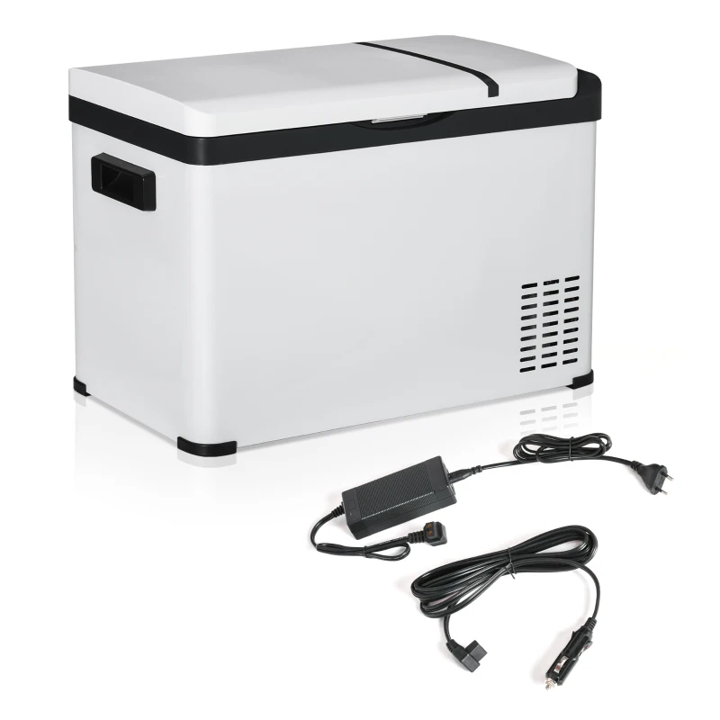 Outsunny Frigider Auto 30L 12/24V până la -22°C Frigider Electric cu Lumină LED și Mânere Pliabile 61x32x40 cm Alb
