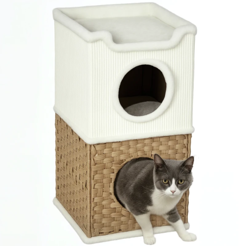 PawHut Casa pentru pisici de interior cu 3 nivele, casa pentru pisici cu zgâriere din sisal pentru zgâriere 41 x 41 x 75,5 cm, crem