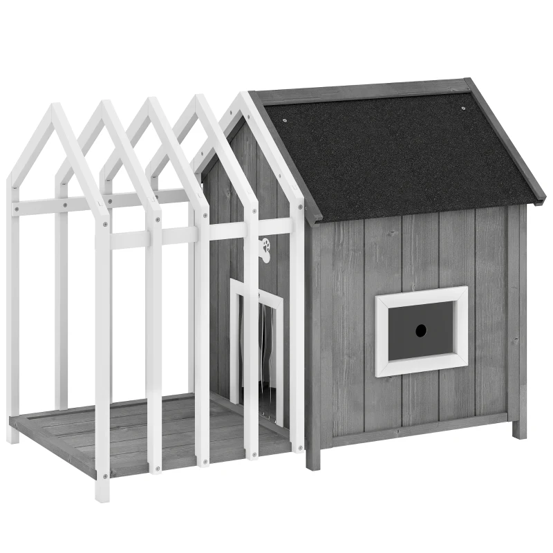 PawHut Niche pentru câine de exterior din lemn casă pentru câine de exterior cu terasă, ușă cu plăci, 106 x 62,5 x 80,5 cm, gri