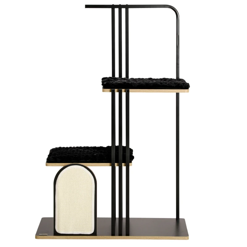 PawHut Copac de joacă, Design industrial, 2 platforme, 2 perne de odihnă, Placă de zgâriere, Cadru din oțel, negru, 85 x 48 x 128 cm