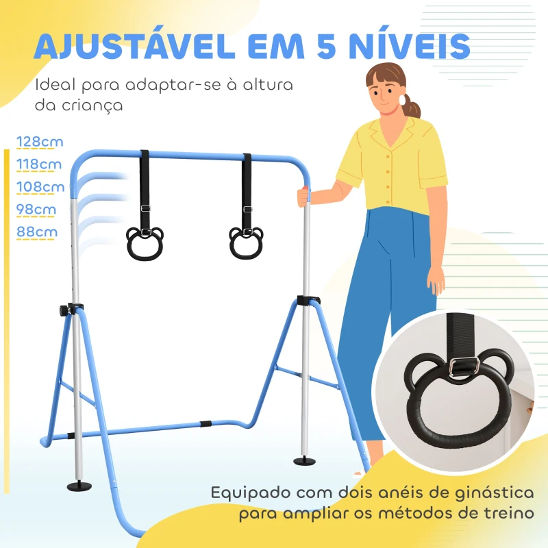 HOMCOM Barra de Ginástica para Crianças com Altura Ajustável em 5 Níveis Anéis e Dobrável 148x105x88-128 cm Azul