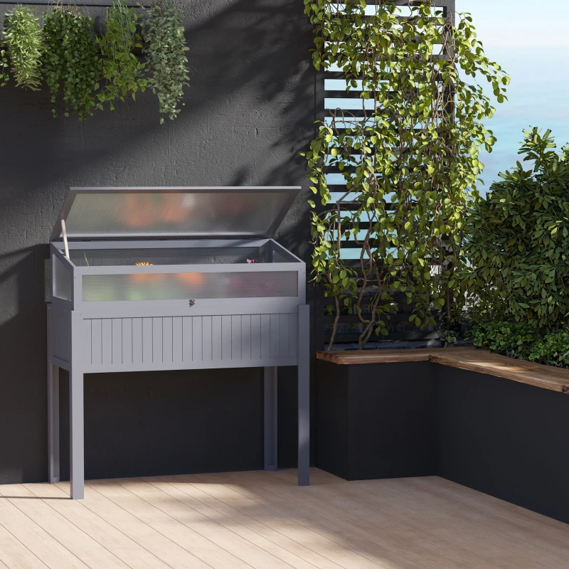 Outsunny Pat inalt din lemn cu sera 2 in 1, Gradina de roșii, Grădină de legume, Pat de plante aromatice, Parcare pentru grădină și terasă din policarbonat, Gri 120 x 54 x 112/122 cm