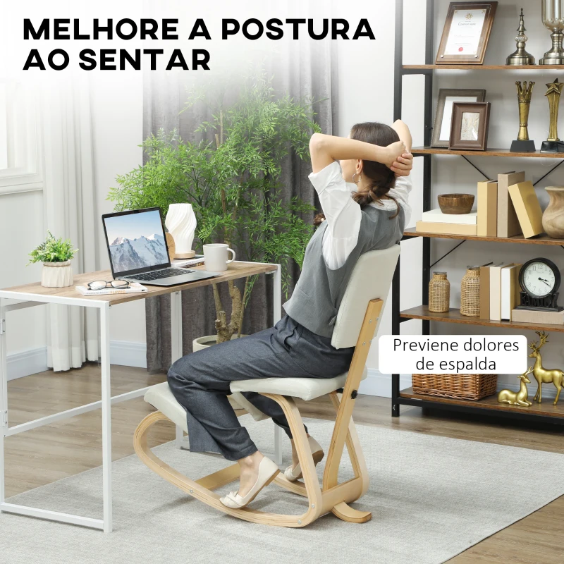 HOMCOM Cadeira Ergonómica de Joelhos com Encosto Almofadas Acolchoadas Estrutura de Madeira para Melhor Postura 51x84x93 cm Creme