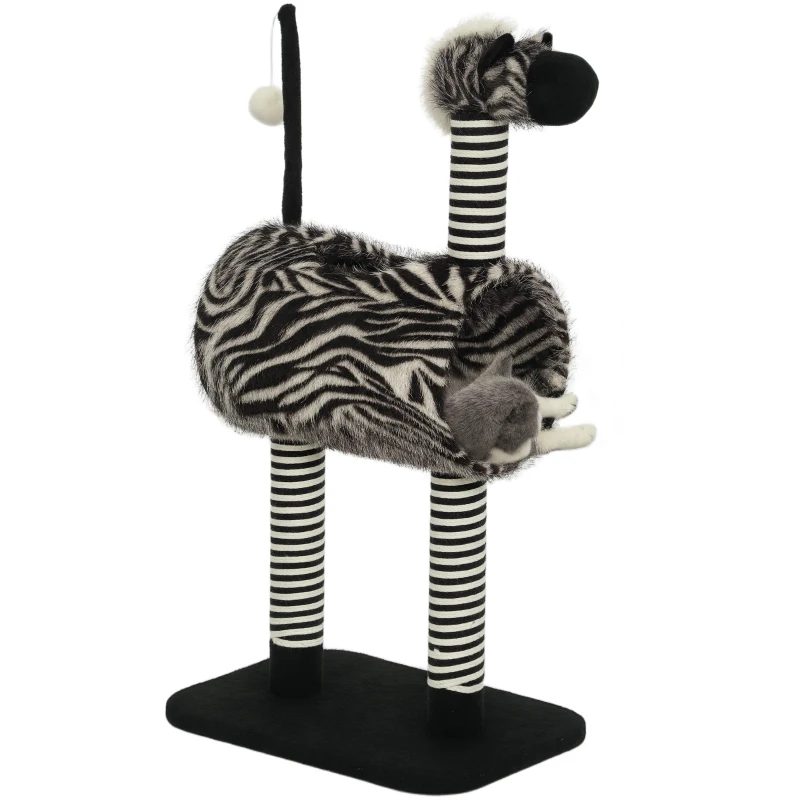 PawHut Copac zgâriat în design zebra, 1 tunel pentru pisici, 3 stâlpi de zgâriat 48,5 cm x 35 cm x 93 cm, Negru + Alb