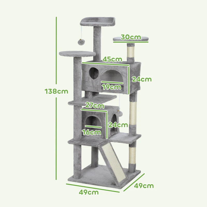 PawHut Arbore pentru pisici înălțime 138 cm, turn de joc pentru pisici cu zgârietoare, platforme, 2 cotețe, 49 x 49 x 138 cm gri deschis