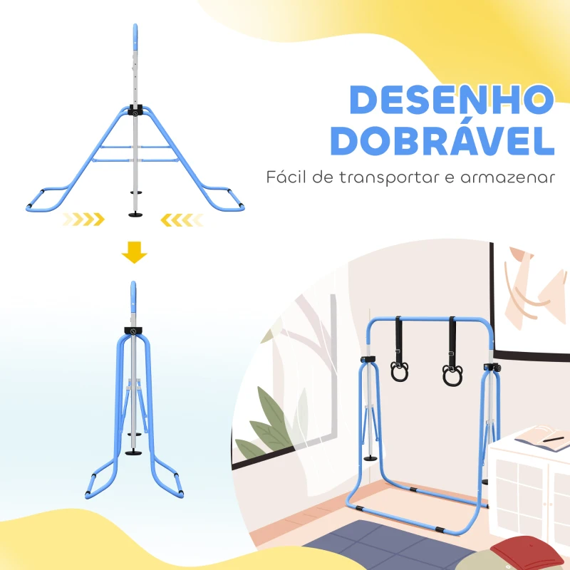 HOMCOM Barra de Ginástica para Crianças com Altura Ajustável em 5 Níveis Anéis e Dobrável 148x105x88-128 cm Azul