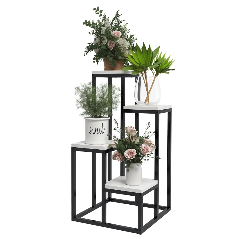 Outsunny Raft pentru plante din metal și lemn, 4 nivele de înălțimi diferite, stil industrial, 34 x 34 x 66 cm