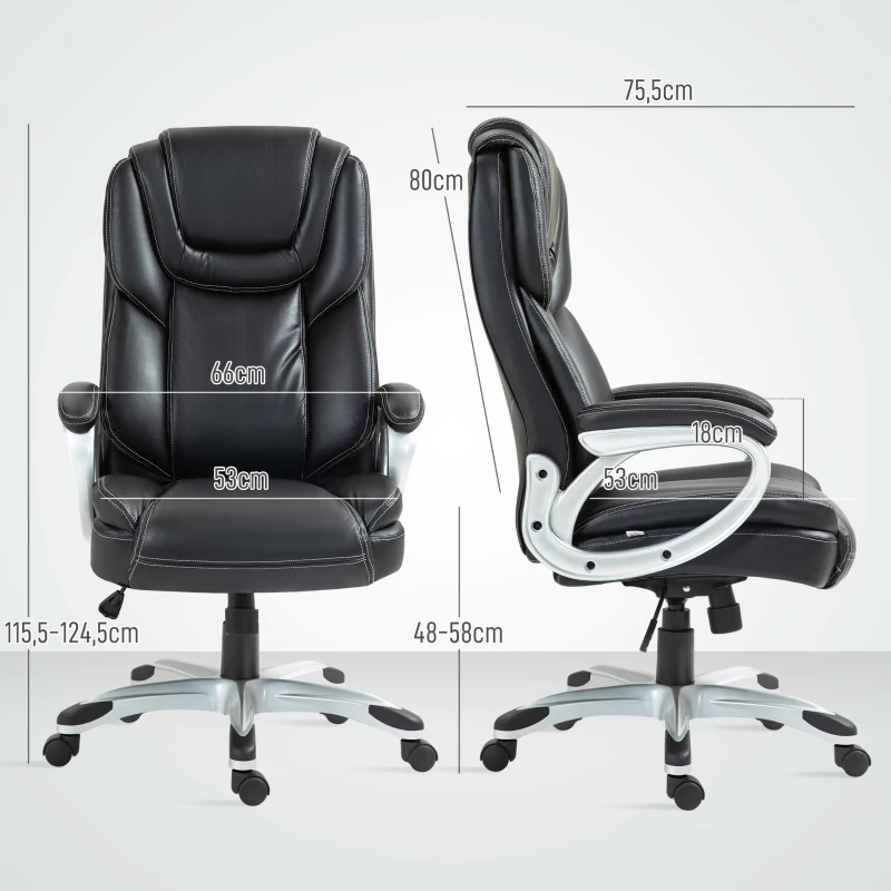 HOMCOM Fotoliu de birou fauteuil de bureau cu funcție de balans role pivotante 360° 66 x 75,5 x 115,5-124,5 cm negru
